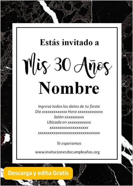 Invitación Cumpleaños De 30 Años Mármol negro