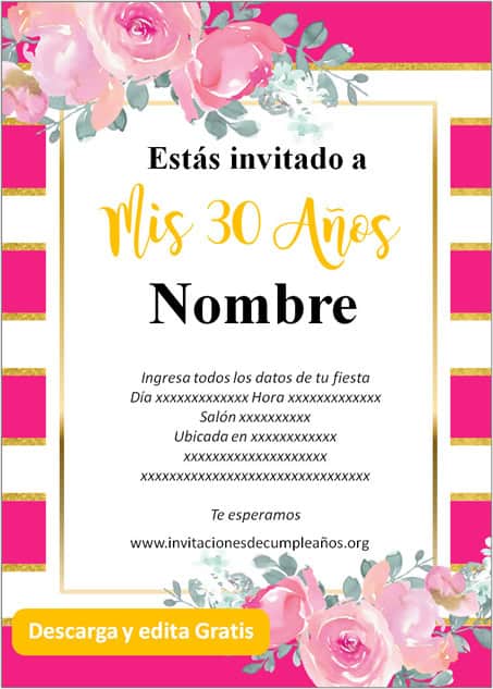 Invitación Cumpleaños De 30 Años fondo rayado rosas