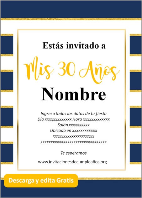 Invitación Cumpleaños De 30 Años rayado azul dorado