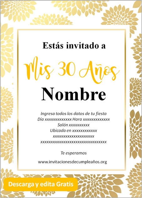 Invitación tarjeta Para Cumpleaños De 30 dorado