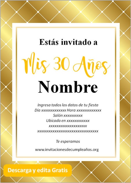 Invitación tarjeta Para Cumpleaños De 30 Fondo dorado