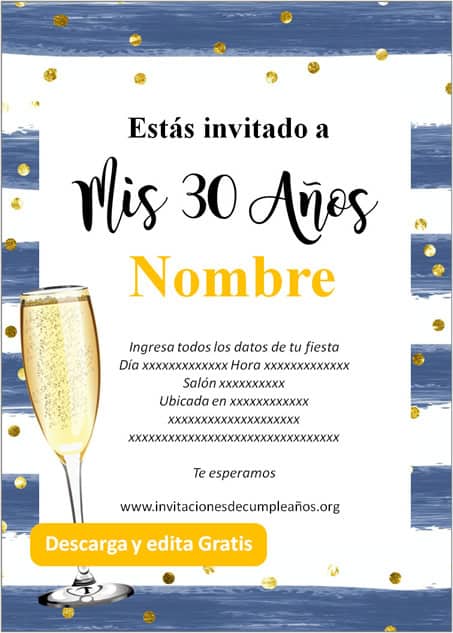 Invitación para 30 años Azul rayado