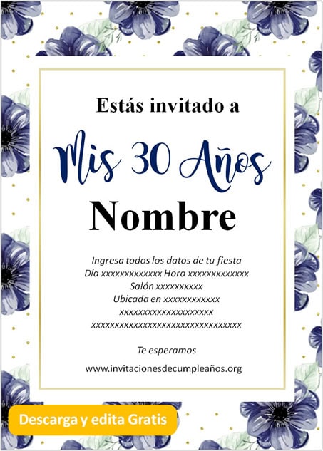 Invitaciones de 30 años Flores azules