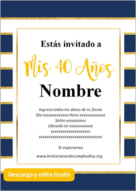 Invitaciones de 40 años azul dorado