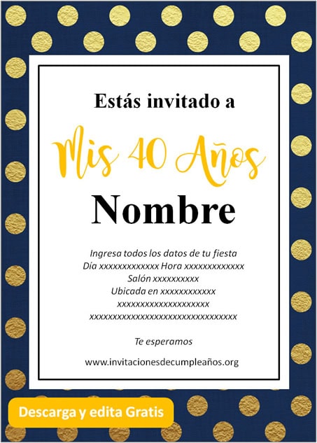 Invitación Para Cumpleaños De 40 Años Azul dorado