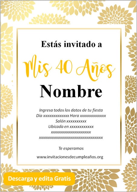 Invitación tarjeta Para Cumpleaños De 40 dorado