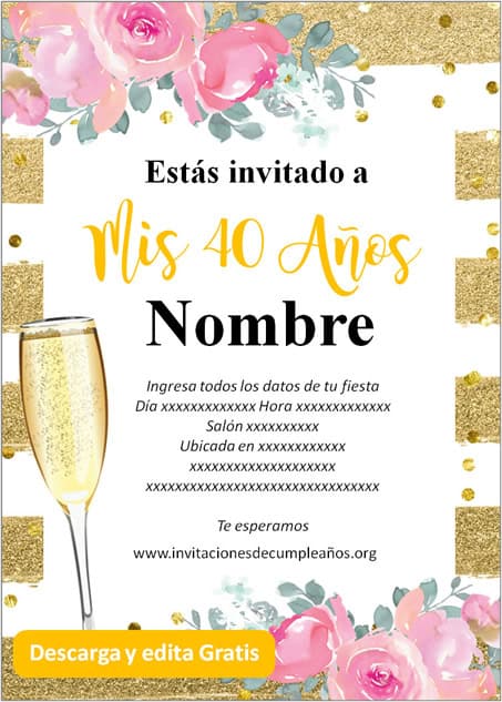 Invitaciones de 40 años rosas fondo dorado a rayas