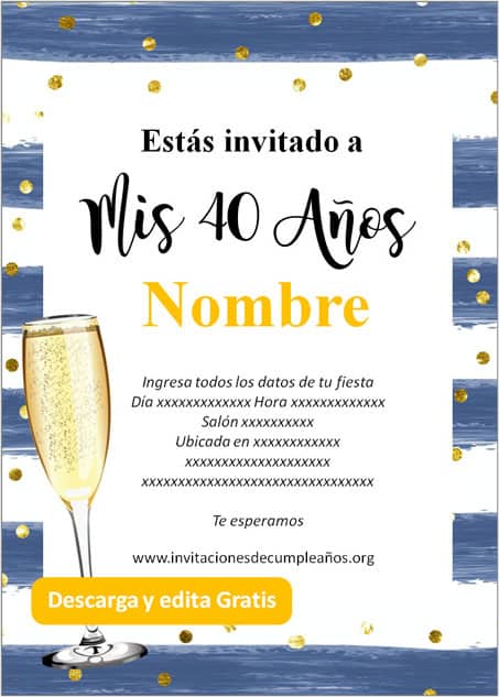 Invitación para 40 años Azul rayado