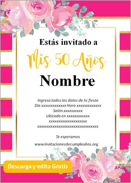 Invitación Cumpleaños De 50 Años fondo rayado rosas