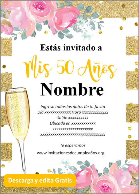 Invitación Para Cumpleaños De 50 Años Dorado Rosas