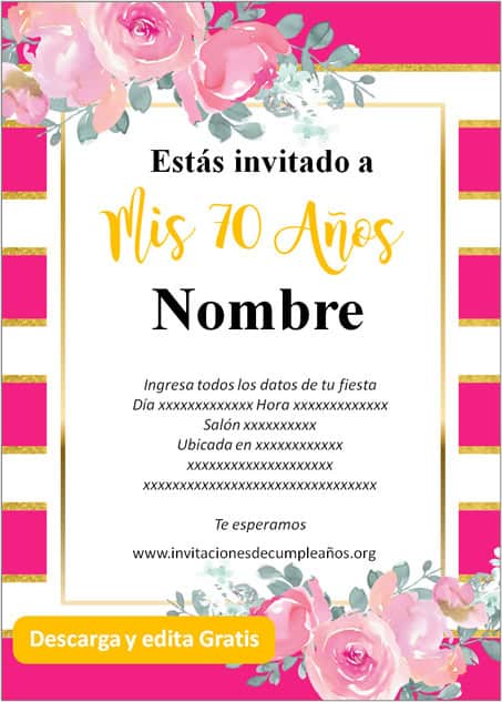 Invitación Cumpleaños De 70 Años fondo rayado rosas