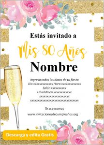 Invitaciones de 80 años fondo dorado