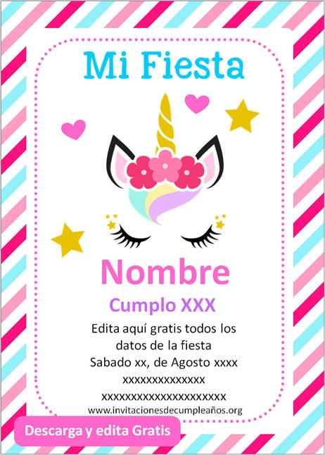 Invitación Cumpleaños de Unicornio, tarjeta unicornio para editar