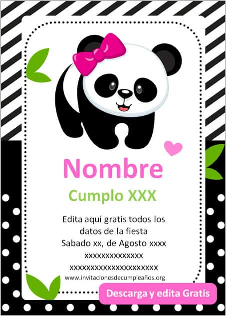 Invitación de osito Panda niña