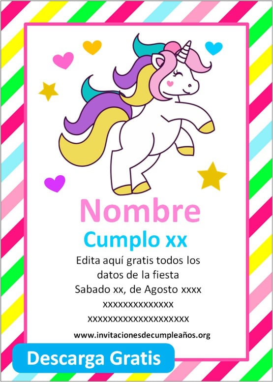 invitaciones de cumpleaños de unicornio para editar