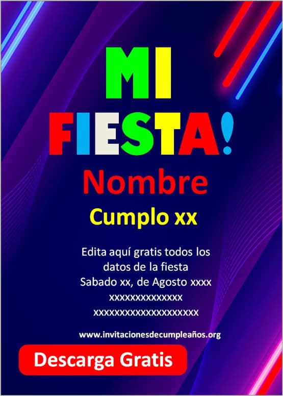 invitaciones de cumpleaños neon para editar