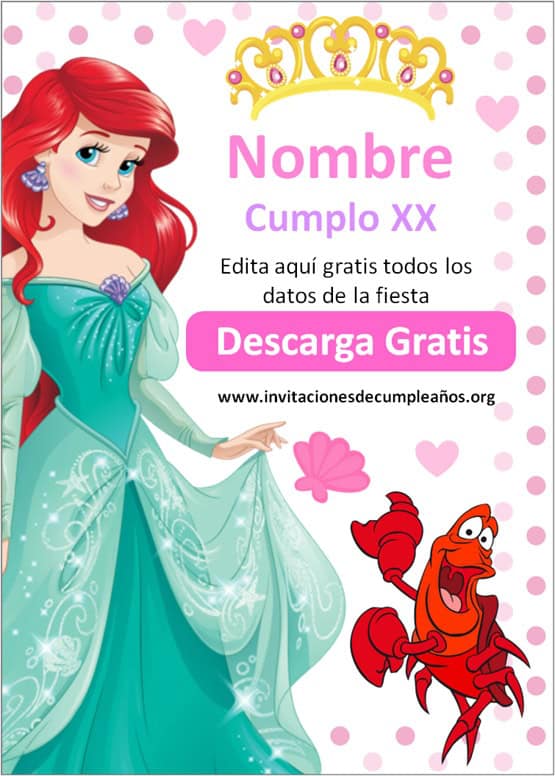 invitaciones de la sirenita ariel para editar gratis