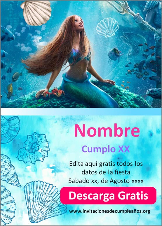 invitaciones de cumpleaños de la sirenita la pelicula para editar