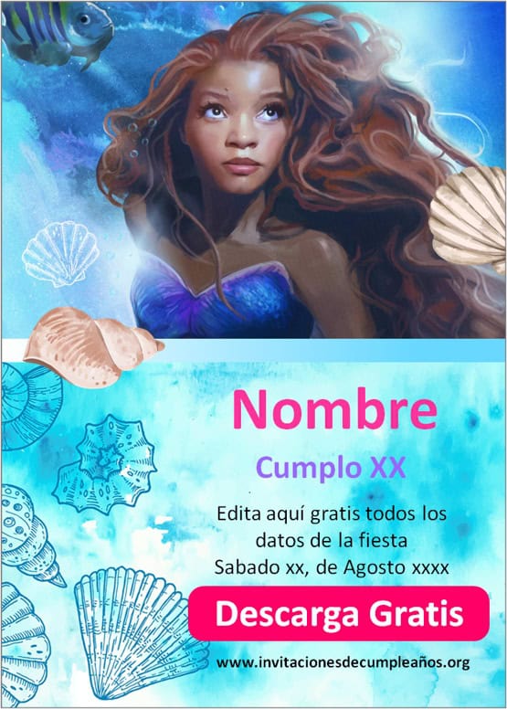 plantillas invitaciones de cumpleaños de la sirenita para editar