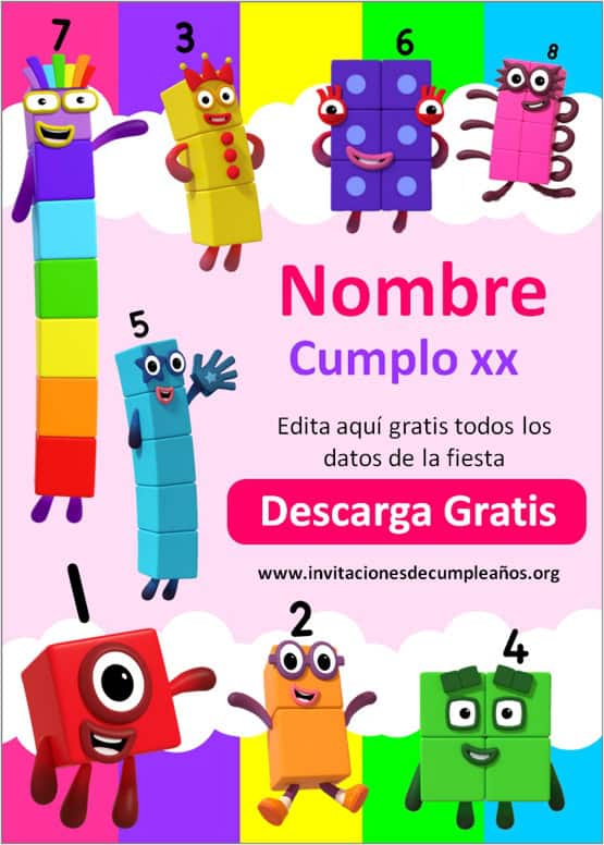 Invitaciones de Numberblocks para niñas