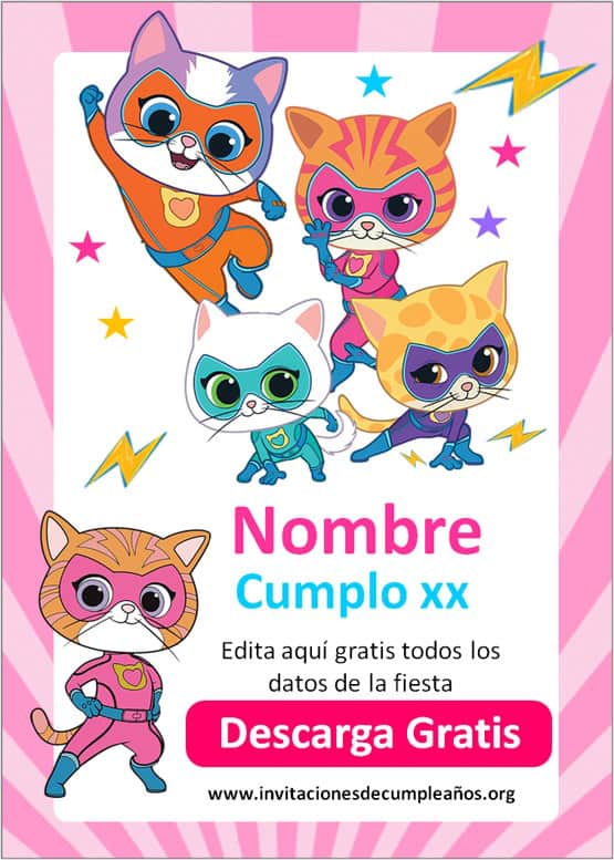 Invitaciones de Super Gatitos para niñas