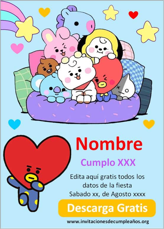 bt21 invitaciones para editar